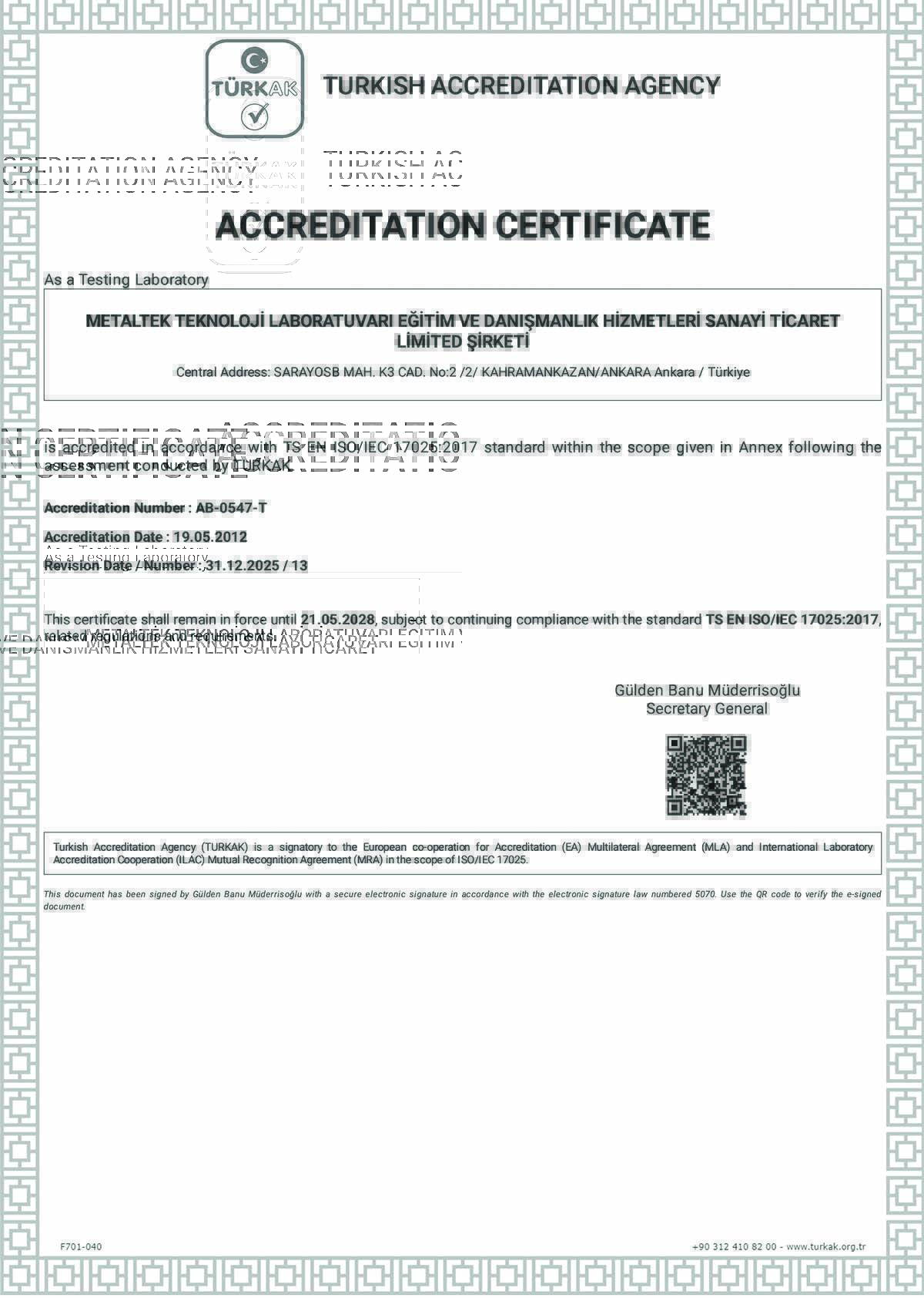 Click to view our TS EN ISO 17025 Accreditation Certificate