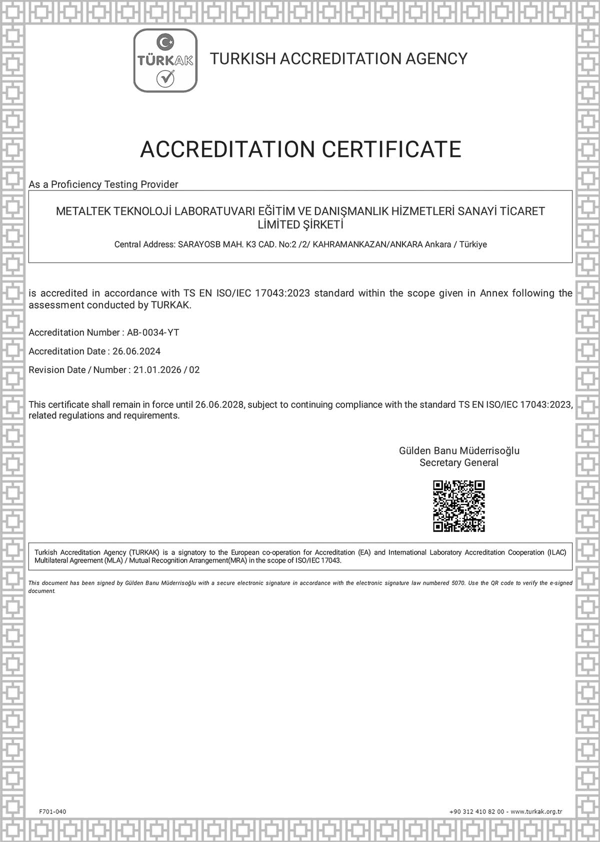 Click to view our TS EN ISO 17043 Accreditation Certificate